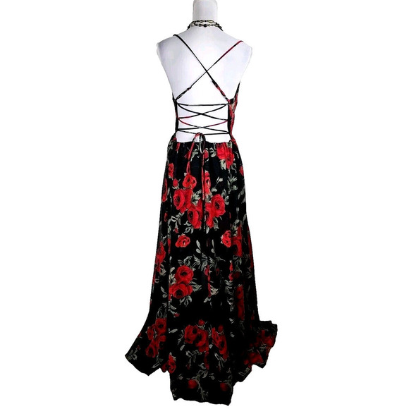 Premier Amour ~Woman Size 14~ Black/Red Floral Strappy Open Back Lined Dress NWT - Picture 4 of 10